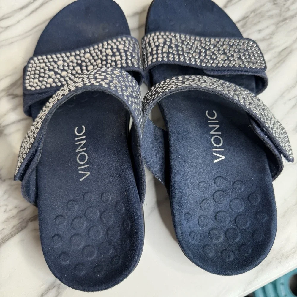 Vionic Samoa Double Strap Slide Sandals Sz 7 Blue Studded Suede Leather Comfort